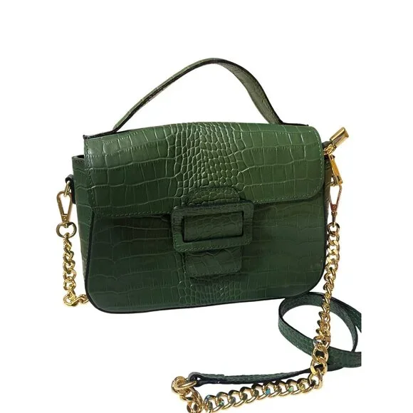 Vera Pelle Green Croc-Embossed Genuine Leather Handbag With Top Handle & Gold Ch